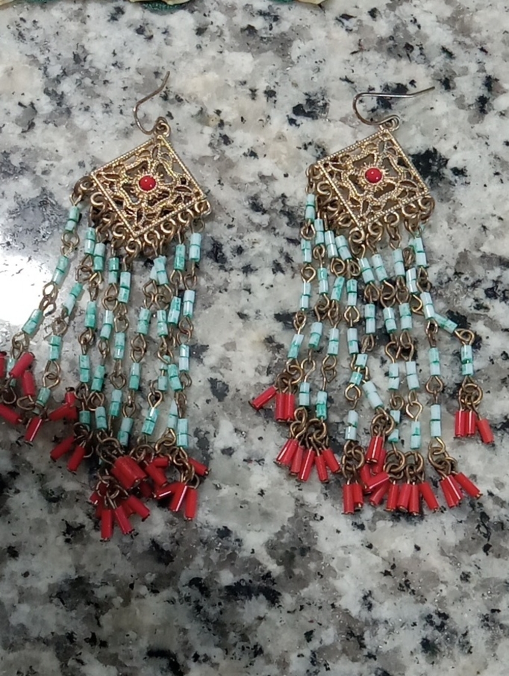 Gold-Tone Fringe Beaded Earrings with Turquoise and Red Accents